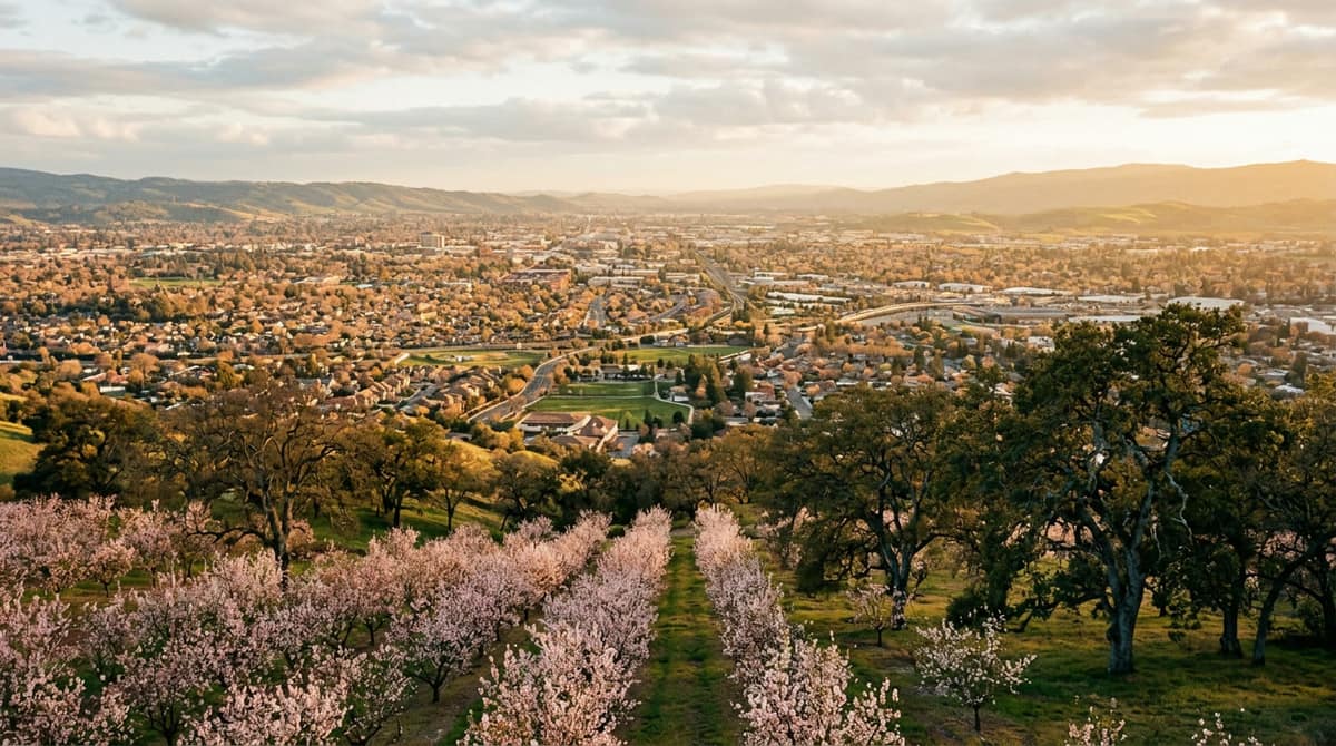 Blossoming fruit trees in the foothills above a valley city at golden hour