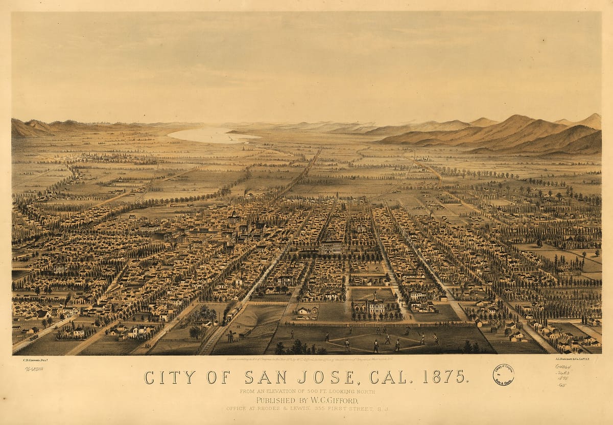 A bird's-eye view of San José in 1875, looking north