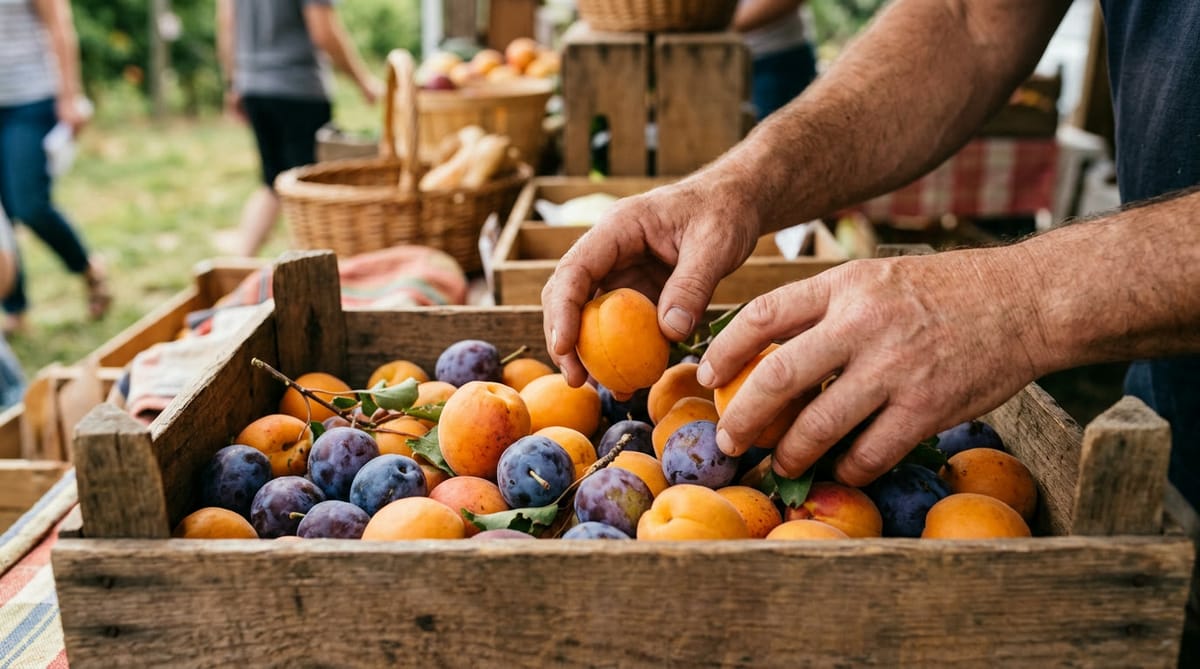 Hands sorting fresh apricots and plums into a wooden crate