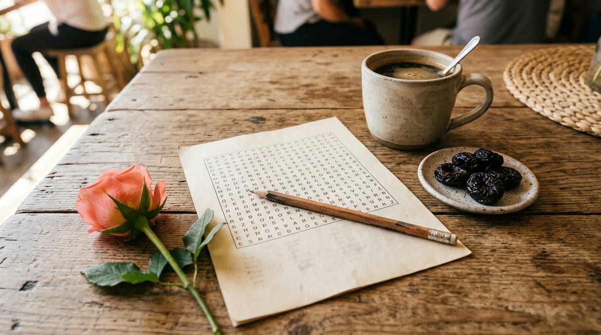 A word search, a pencil, coffee, a few prunes and a rose on a café table
