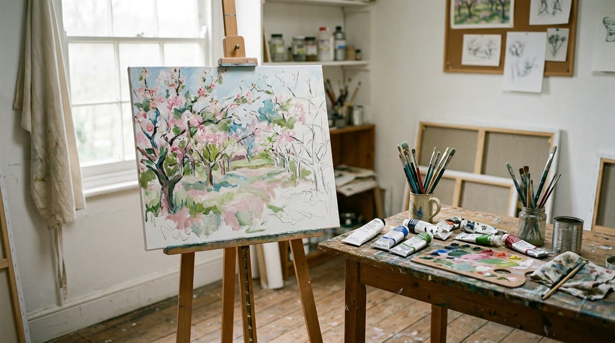 An easel and paints in a small sunlit studio